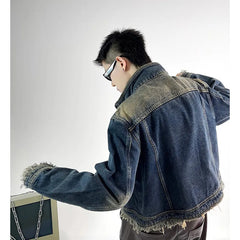 High Street Raw Edge Design Denim Jacket Man Woman Hip Hop Retro Wash Cargo Coats