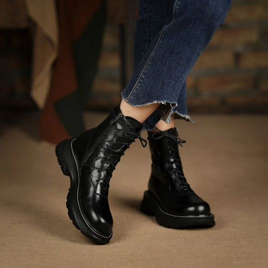 Winter Women Boots Flat Shoes Women Round Toe Leather Boots Solid Black