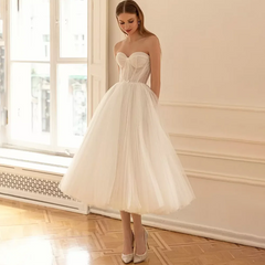 White Bridesmaid Dresses: Short Wedding Dresses Sleeveless Mid-Calf Tulle
