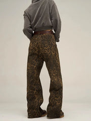 Leopard Jeans Women Denim Pants Female Wide Leg Trousers