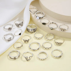 21pcs Set Punk Style Butterfly Heart Stainless Steel Ring and Tai Chi Design