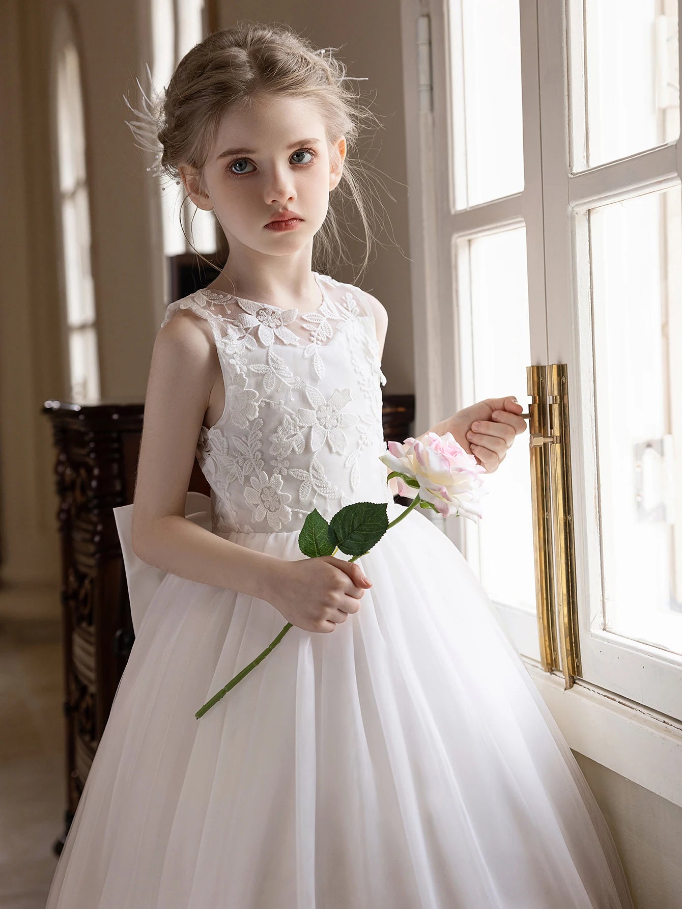 Teen Girls White Wedding Gauze Dress Lace Embroidery Big Bow Evening Puffy Gauze Bridesmaid Dress