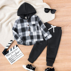 3PCS Autumn Boys Aged 2-6 Are Fashionable And Handsome, Multi-Color Plaid Hooded Long-Sleeved Top + Solid Color Pants Set
