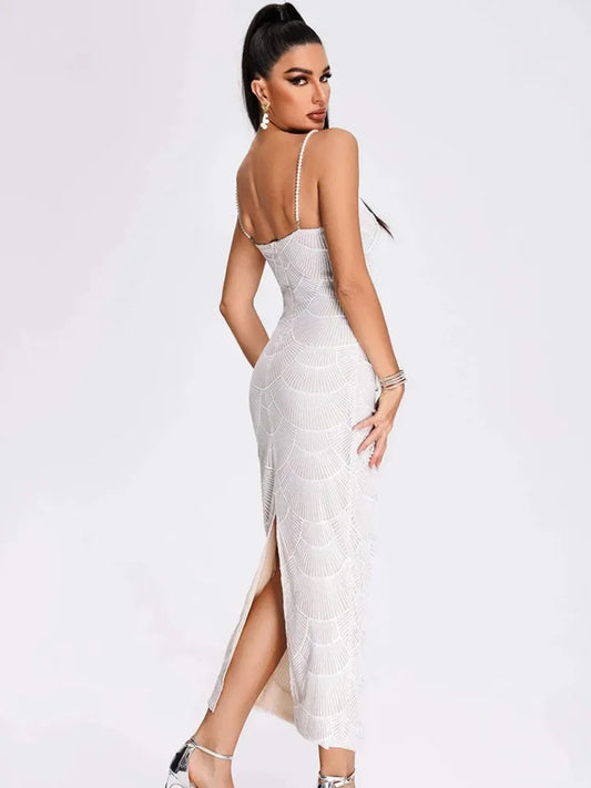 Evening Dresses: Women Luxury V Neck White Pearl Beading Cut Out Maxi Long