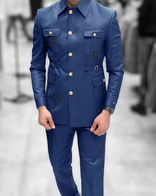Tuxedo for Mens: Blue Safari Men Suits Gold Button Square Collar Tailor