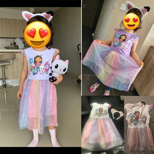 2PCS Baby Girl Princess Dresses + Headband Cartoon Gabby Cats for Kids Clothes