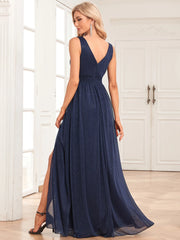 Homecoming Dresses: Women's Shiny Chiffon Sleeve Evening Gown Double V Neck