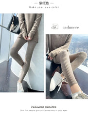 Slim Leggings Autumn Women High Waist Casual Trousers Knitted Ribbed Thicken Solid
