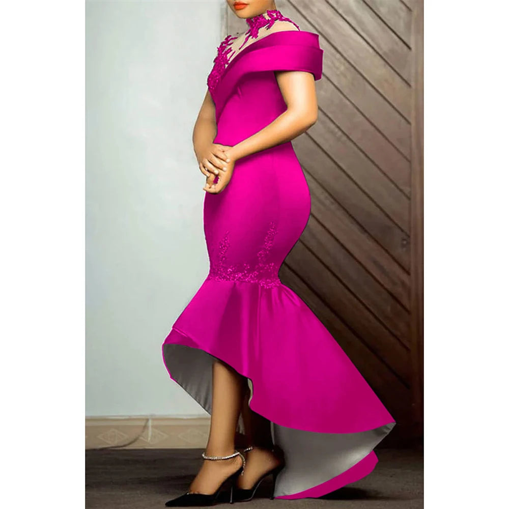 Plus Size Formal See Through Elegant Sequin Ruffle Asymmetrical Midi Dresses