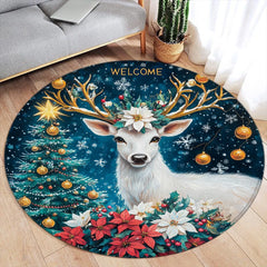 Pink Floral Christmas Tree Round Carpet Green Pine Branch Bowknot New Year Xmas