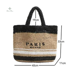 Women Fashion Striped Summer Beach Straw Knitting Shoulder Bag Hollow Out