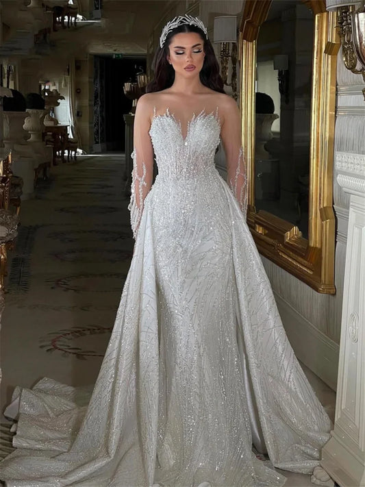 White Bridesmaid Dresses: Bride Dresses 2 in 1 Embroidery Wedding Dress With Illusion