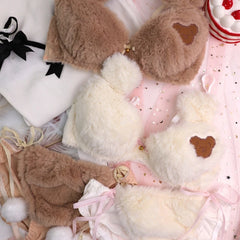 Womens Lolita Kawaii 2pcs Bra Panty Set Cute Bear Embroidery Fluffy Faux