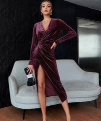 Evening wear Dresses: Long-sleeved mid-length skirt gold velvet nightclub dress
