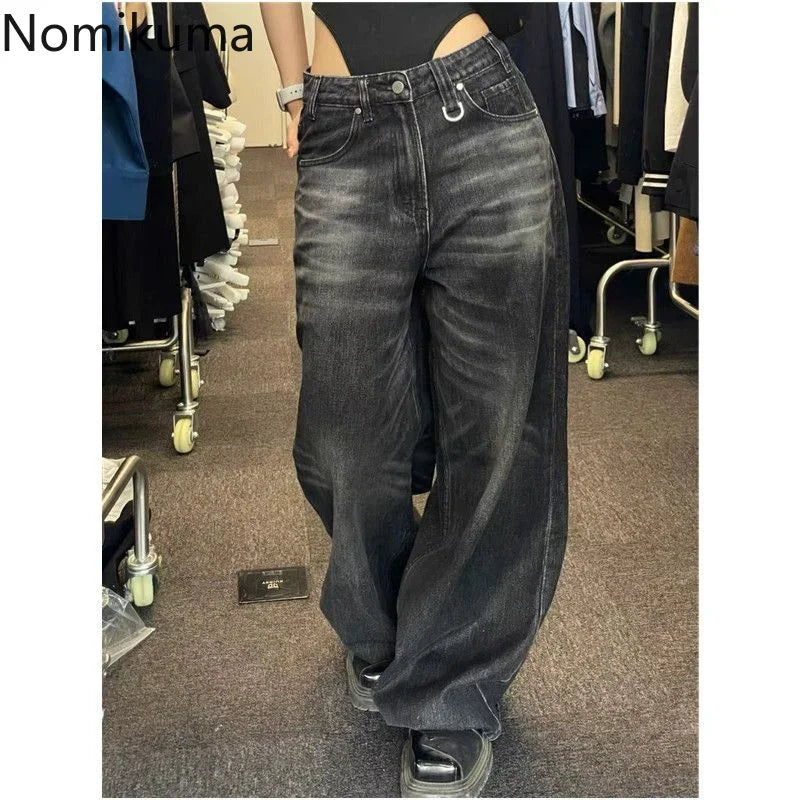 Autumn Winter Wide Leg Pants High Waisted Loose Jeans