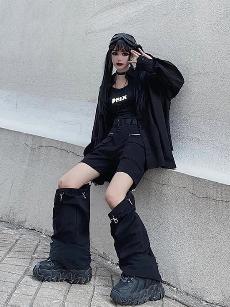 Techwear Gothic Black Cargo Pants Women Streetwear Hollow Out Punk Wide Leg