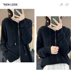 autumn and winter hooded cardigan women's knitted top loose sweater casual