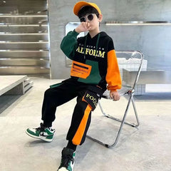 Boys Tracksuit Sets Children Patchwork Letter Sweatshirts+Pants 2Pcs Outfits Teenager Autumn Fashion Hooded Suits Spring Clothes