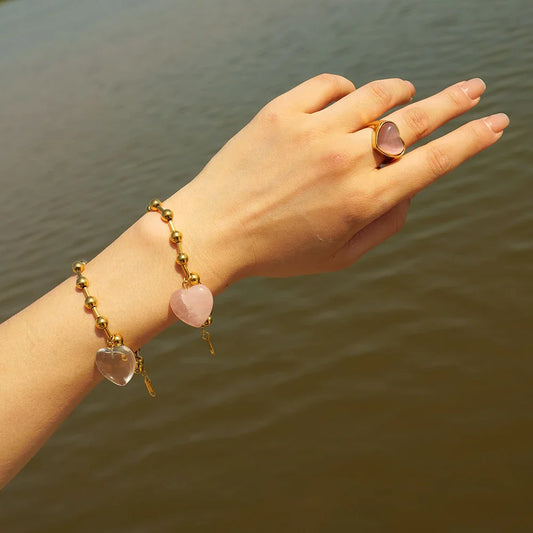 Youthway Delicate Clear Glass Heart Stainless Steel Necklace Bracelet Set Waterproof Golden Trendy Jewelry Boucle Oreille Femme