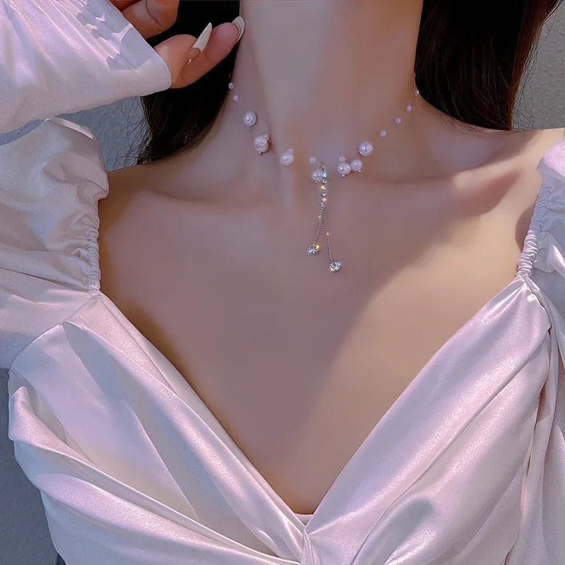 Korean Fashion Sweet Heart Shaped Necklace For Women Crystal Zircon Pendant Clavicle Chain Elegant Romantic Party Gift Jewelry