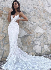 White Bridesmaid Dresses: Boho Lace Appliques Wedding Dress Mermaid Bridal Dresses