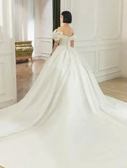 White Bridesmaid Dresses: Short Sleeve Neck Lace Up Back Satin Ball Gown