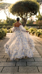 Homecoming Dresses: Puffy Sleeve Printing A-line Romantic Strapless Long Tail