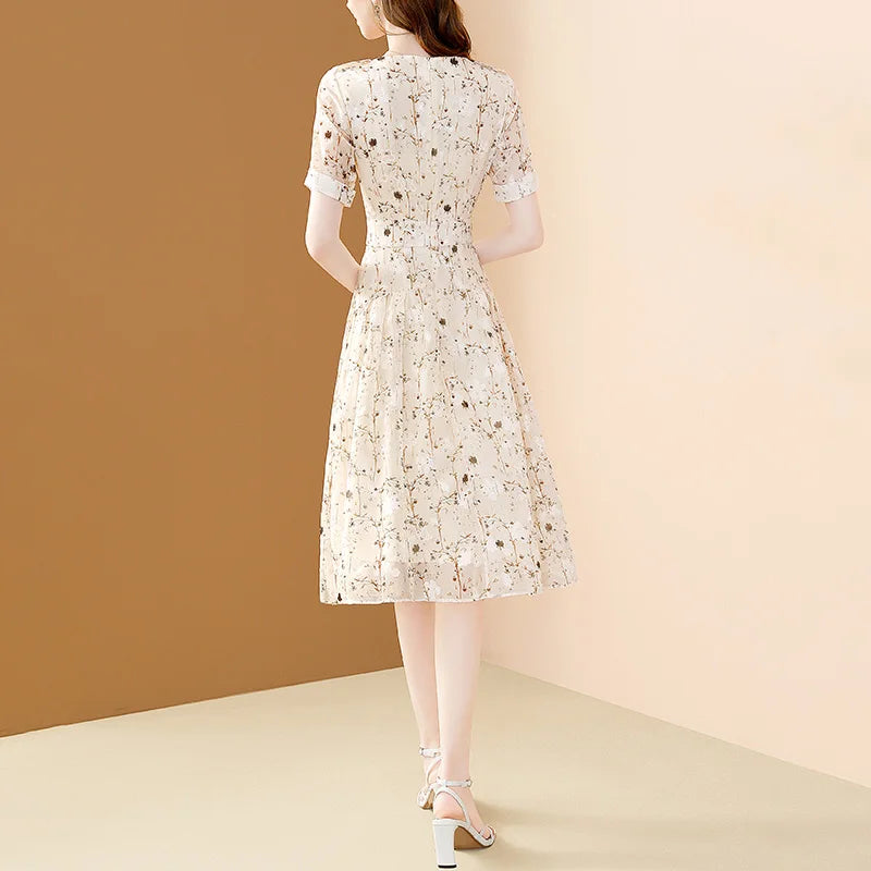EVNISI Chic Floral Printing Women Chiffon Dress O-Neck Elegant Apricot Office