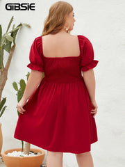 Plus Size Square Neck Shirred Puff Sleeve Dress Women