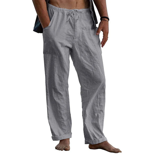 Men's Cotton Linen Pants Male Autumn New Breathable Solid Color Linen Yoga