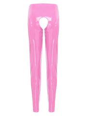 Womens Wet Look PVC Leather Open Crotch Butt Leggings High Waisted Crotchless