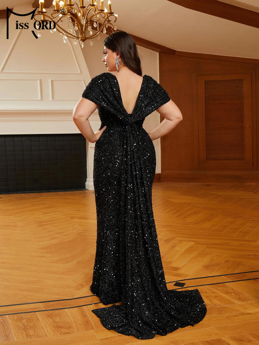 Plus Size Black Draped V-neck Short Sleeved Sequin Mermaid Evening Floor