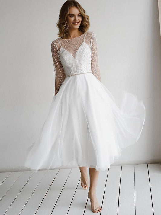 White Bridesmaid Dresses: Wedding Dress Long Sleeves Beading Sashes Backless