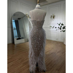 Homecoming Dresses: Spaghetti Strap Beaded Feather Evening Dresses