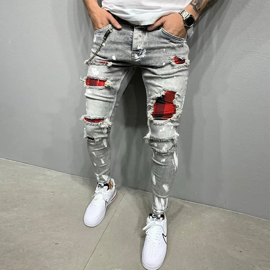 Ripped Jeans Men Stretch Skinny Grey Blue Black Hip Hop Denim Trousers