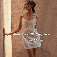 White Bridesmaid Dresses: A Line Wedding Second Dress 3D Flowers Satin Backless