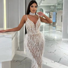 Homecoming Dresses: Spaghetti Strap Beaded Feather Evening Dresses