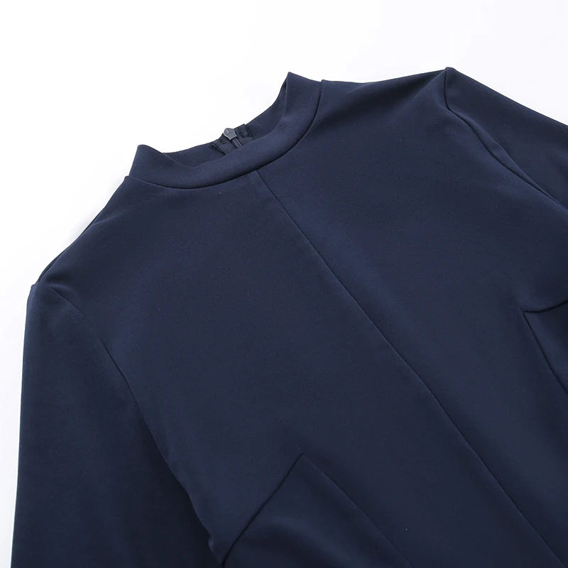 Women Elegant Dark Blue Commuting Mini Dress Autumn Pocket Long Sleeve