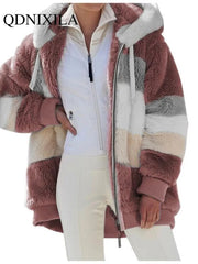 Warm Plush Zipper Pocket Hooded Loose Jacket Women Hoodie Oversize Coats Hooded