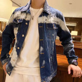 Hole Letter Label Printing Fashion New Men's Denim Slim Fit Bomber Jacket Mens