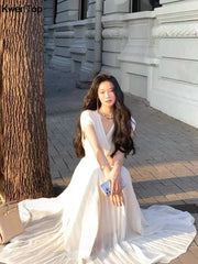 Summer Solid Pleats Long Dresses French Elegant V Neck Holiday Party Vestidos