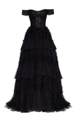Homecoming Dresses: Off Shoulder Prom Dress Black Multilayer Ball Gown