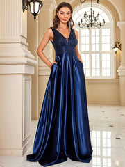 Homecoming Dresses: Evening Dress For Women Deep V-neck Satin Prom Gowns