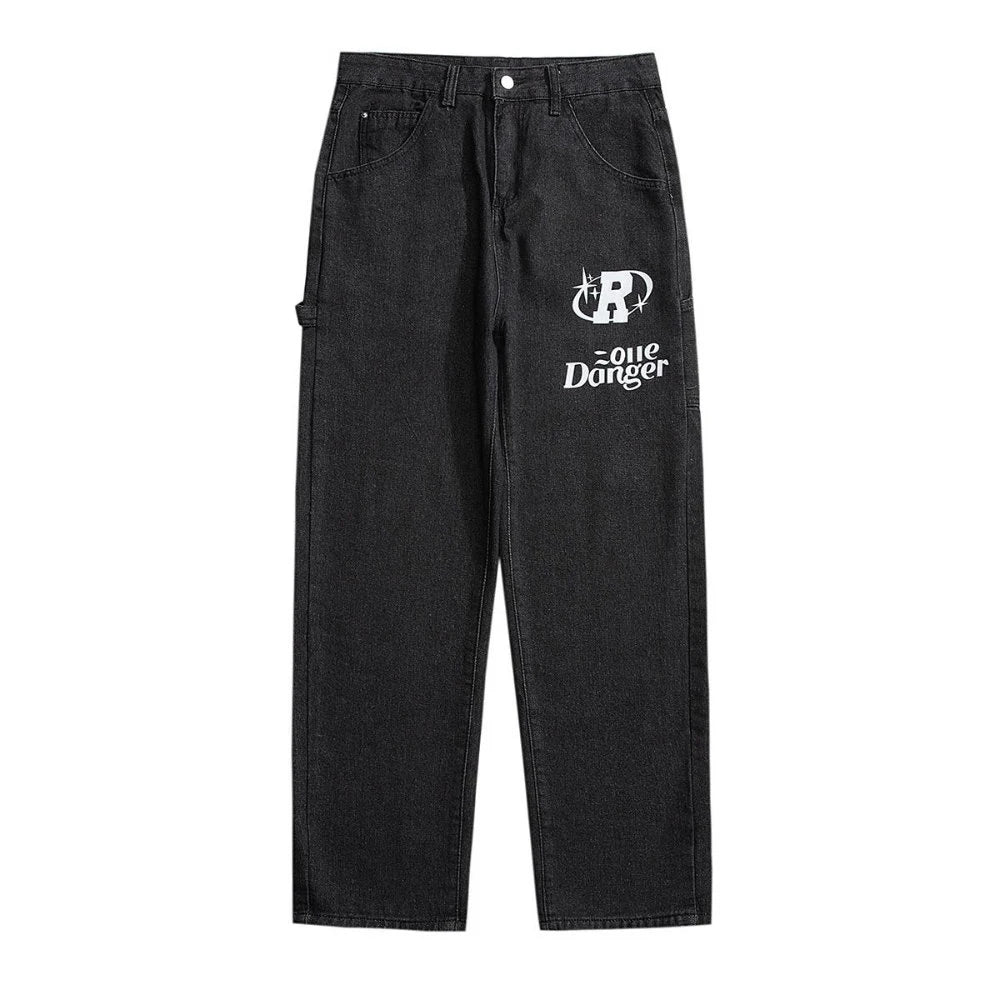 Streetwear Men Baggy Wide-leg Jeans Retro Harajuku Hip-hop Letter Thermoprint