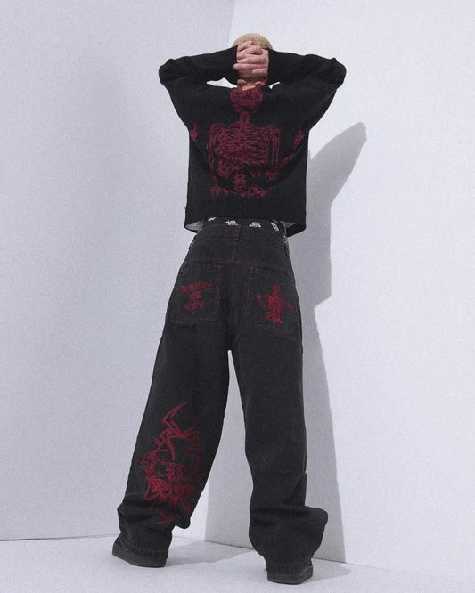 Harajuku Y2K men jeans vintage goth Skull Embroidery Washed wide leg jeans streetwear