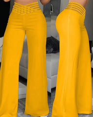 Women Wide Leg Flared Pants Crisscross Sheer Mesh Patch High Waist Pant