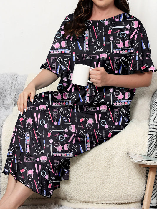 Plus size dress, knee length dress, cartoon style for home and casual wear