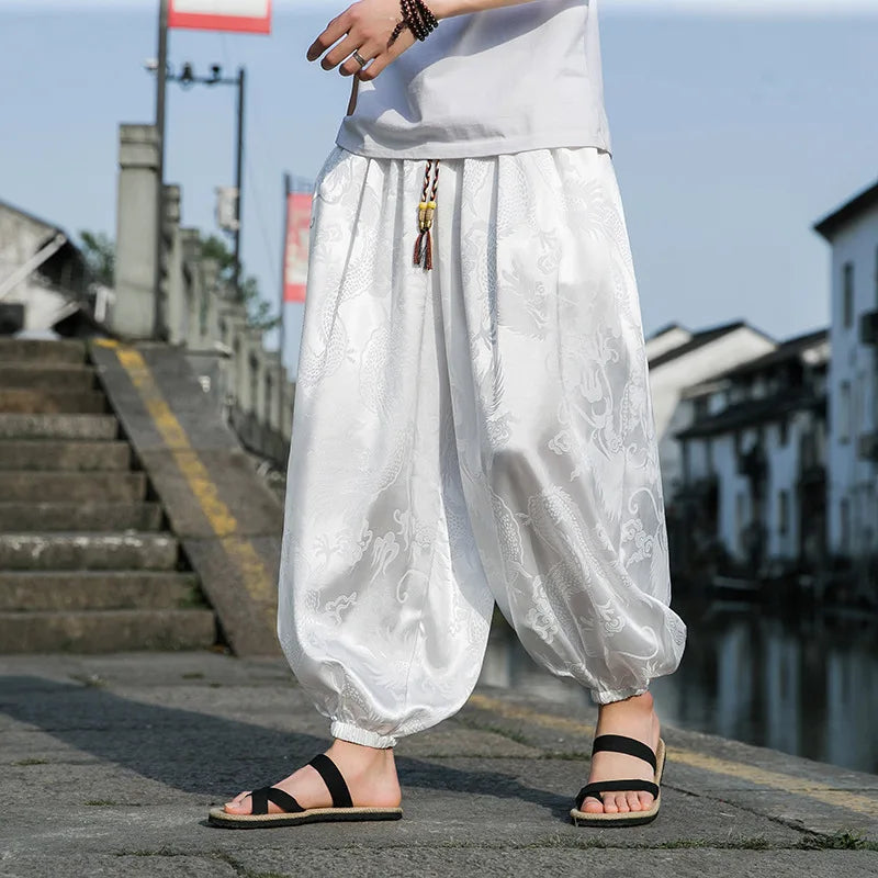 Outdoor Brand Pants For Men Lce Silk Dragon Dark Flower Loose Bloomers