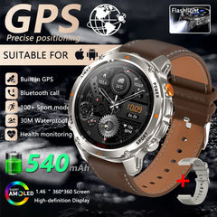 Outdoor Military Smart Watch Men Built-in GPS 1.46" AMOLED Compass Altimeter BT Call 3ATM Waterproof Clock LED Sports Smartwatch