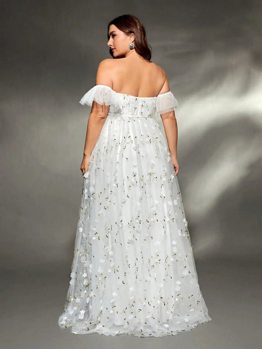 Mgiacy plus size Line collar three-dimensional embroidered retraction mesh